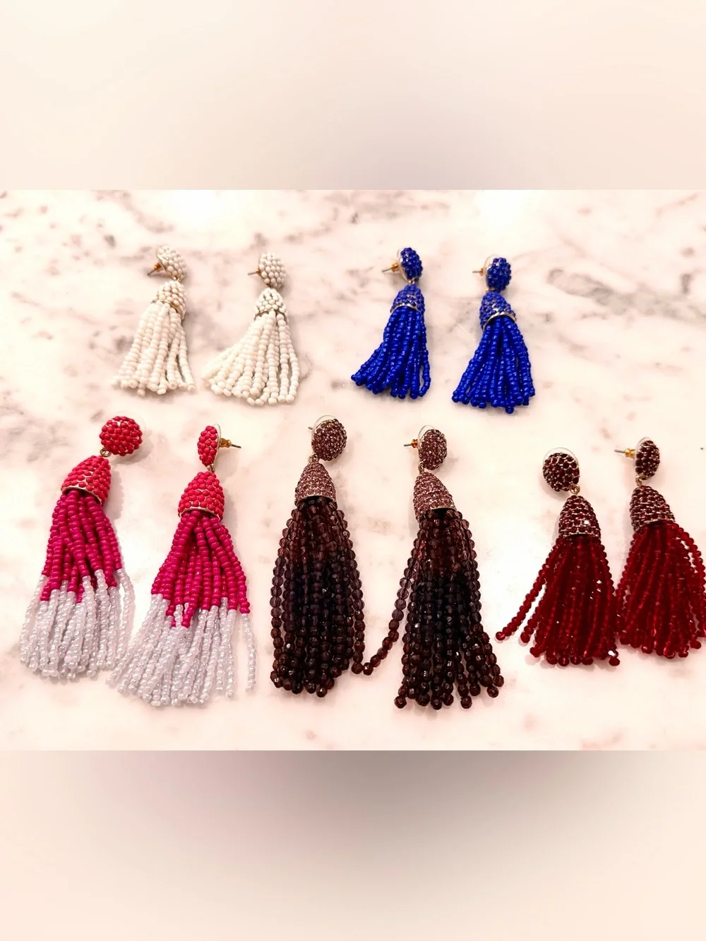 Beaded Tassel Drop Earrings - Blue, white, red, smoky, multi tone.